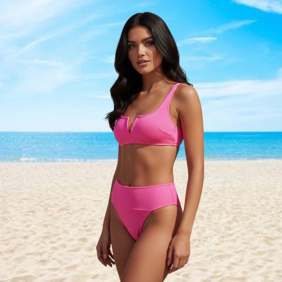Aerie L pink textured high cut cheeky & scoop V wire bikini